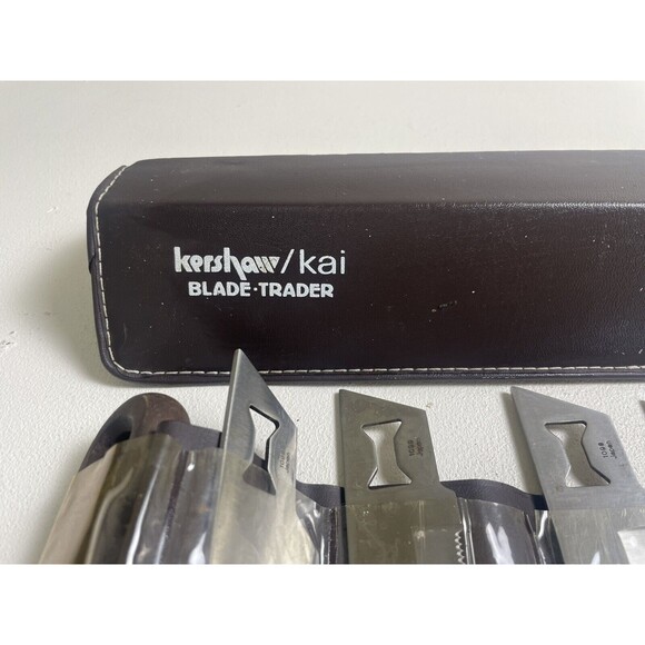 KERSHAW/KAI Blade-Trader model 1099 Wooden Handle, 6 Knives, case, papers. 1980s
